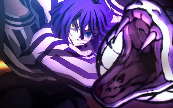 Anime HD PC desktop wallpaper of Obanai Iguro from Demon Slayer: Kimetsu no Yaiba — fierce pose, striped haori and coiled white snake under purple lighting.