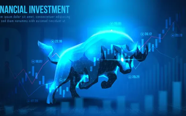 Glowing blue bullish bull charging across cryptocurrency and stock market charts, financial investment stock chart 2K Quad HD PC desktop wallpaper background.