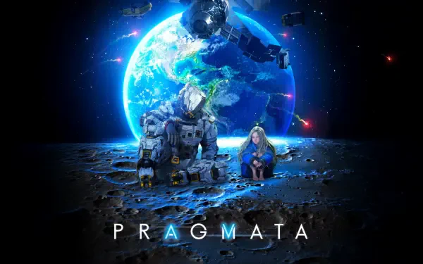 Pragmata video game gaming art: 8K Ultra HD PC desktop wallpaper showing a lone child and a robotic companion on a lunar surface with Earth looming behind, neon sci‑fi details.