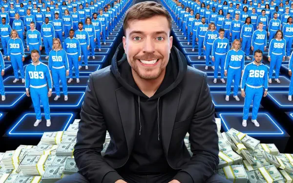 HD PC wallpaper: smiling man on stacks of cash amid rows of blue-jumpsuited contestants standing on lit platforms — Beast Games TV show background.