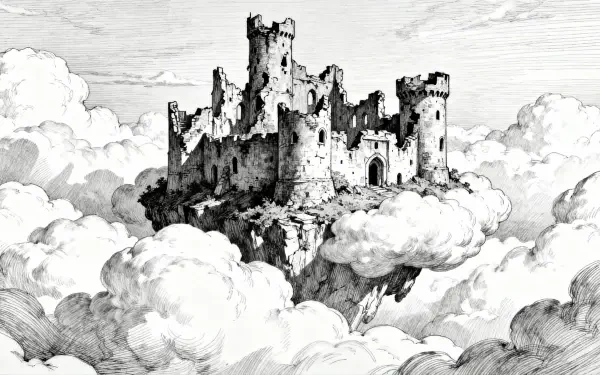 Monochrome ink sketch of a fortress floating on clouds, detailed stone towers and turrets — 4K Ultra HD PC Desktop Wallpaper and Background.