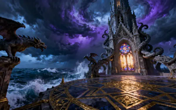 4K Ultra HD PC Desktop Wallpaper and Background, a storm-wracked gothic cathedral with glowing stained glass, tentacled gargoyles and dragons on a mosaic terrace above roaring purple seas.