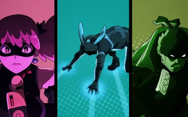 Anime HD PC desktop wallpaper/background: triptych art from My Hero Academia: Vigilantes — magenta-masked heroine, teal-clad leaping hero, and brooding green-cloaked vigilante.