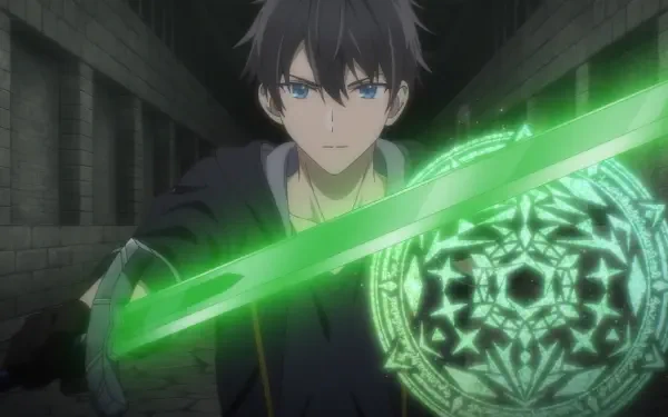 HD PC wallpaper of Orhun Dura from the anime Jack-of-All-Trades Party of None: dark-haired hero brandishes a glowing green sword and ornate magic shield in a shadowy stone corridor.