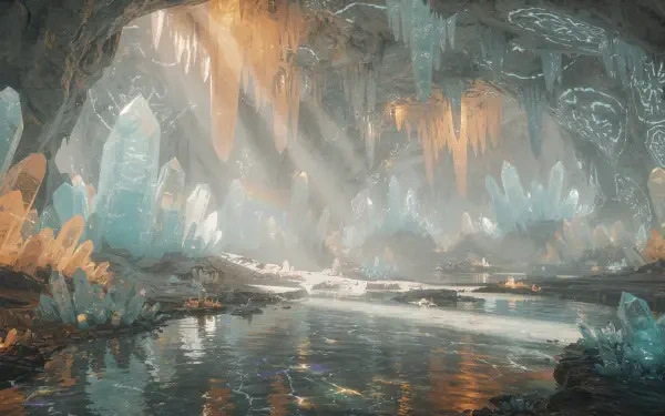 4K Ultra HD PC desktop wallpaper and background of a luminous crystal cave with turquoise and amber stalactites shimmering over a mirrored underground lake.