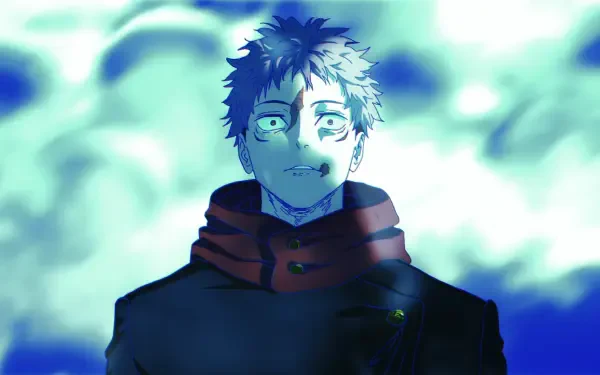 HD PC desktop wallpaper of Yuji Itadori (Jujutsu Kaisen) bathed in teal-blue light, gazing forward with a faint smile, wearing a dark coat and red collar against a cloudy, atmospheric background.