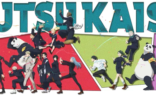 Anime HD PC desktop wallpaper and background: Jujutsu Kaisen cast in dynamic poses against split red and green panels with bold title text.