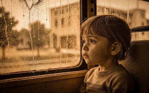 4K Ultra HD PC desktop wallpaper: a young child on a school bus gazes through a rain-speckled window at blurred buildings outside, rendered in warm sepia tones.