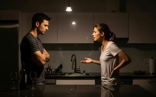 4K Ultra HD PC desktop wallpaper: tense nighttime kitchen argument — woman gesturing toward a man with arms crossed under dim pendant lights.