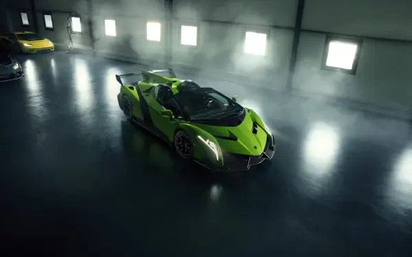 8K Ultra HD PC wallpaper: green Lamborghini Veneno Roadster vehicle parked in a dim industrial garage, glossy floor reflecting the angular supercar.
