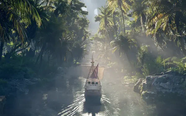 2K Quad HD PC desktop wallpaper of TV show One Piece (Live Action): a ship sails through a misty jungle river beneath a sunlit palm canopy.