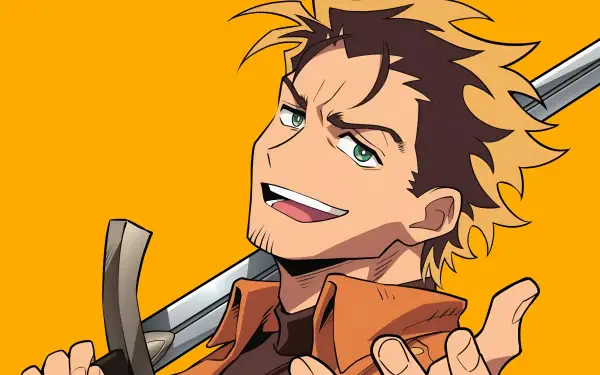 2K Quad HD PC anime desktop wallpaper of Yashiro from Scum of the Brave — grinning, blond‑tipped hair, green eyes, casually holding a sword over his shoulder.