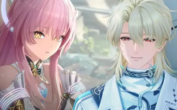 Video game HD PC wallpaper of Wuthering Waves characters Aemeath and Luuk Herssen: pink-haired Aemeath and pale-green-haired Luuk share a sunlit, detailed anime-style close-up.