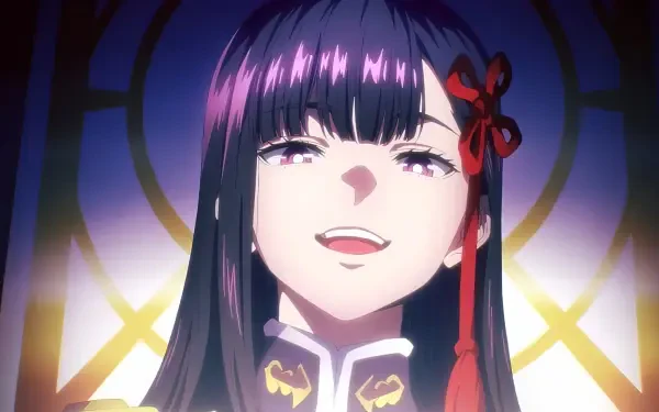 HD PC wallpaper of Ren Yamashiro from Chained Soldier: anime girl with long dark hair, red ribbon, ornate collar, smiling triumphantly against a glowing circular stained-glass backdrop.