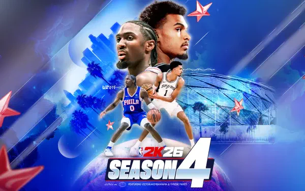 NBA 2K26 Season 4 Quad HD PC desktop wallpaper featuring two NBA players in action over a stylized court backdrop and 2K26 logo.
