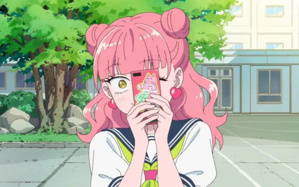 HD PC desktop anime wallpaper of Miyu Suzuki from You and I Are Polar Opposites: pink-haired schoolgirl with twin buns shyly hiding behind a phone in a sunlit school courtyard.