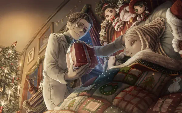 Identity V video game 4K Ultra HD PC desktop wallpaper: eerie Victorian parlor where a pale man offers a gift to a sleeping doll-like child among a row of dolls.