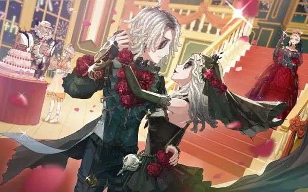 4K Ultra HD PC desktop wallpaper of Identity V (video game): masked couple in gothic ballroom attire dance on a grand staircase, roses and costumed revelers around them.