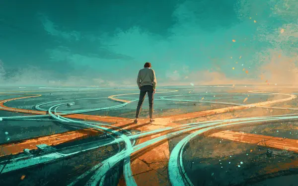 4K Ultra HD PC desktop wallpaper and background — lone figure stands on glowing, intersecting neon pathways beneath a teal sky, cinematic light and sweeping perspective.