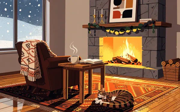 4K Ultra HD PC desktop wallpaper: cozy fireplace scene with armchair, steaming mug, open book, rug and cat by the hearth under a snowy window.