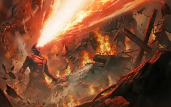 Avengers: Doomsday movie 2K Quad HD PC desktop wallpaper showing a fiery armored figure unleashing a blazing beam amid collapsing, burning buildings and flying debris.
