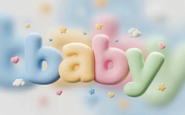 Pastel 3D baby letters with fluffy clouds, stars and hearts in soft focus — whimsical 4K Ultra HD PC desktop wallpaper and background.