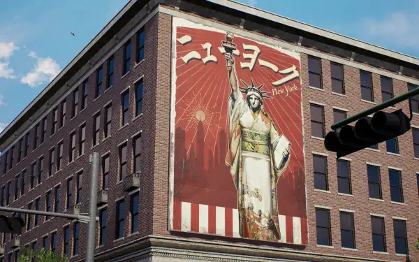 HD PC desktop wallpaper for the video game Showa American Story: retro Showa-style mural of the Statue of Liberty with Japanese lettering on a brick city building.