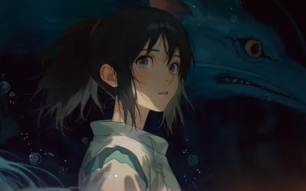 Studio Ghibli–inspired AI art anime wallpaper: Chihiro (Spirited Away) looks wide-eyed as a shadowy spirit and blue dragon loom — 2K Quad HD PC desktop background.
