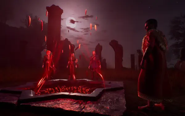 HD PC desktop wallpaper/background from the video game Vampires: Bloodlord Rising — moonlit cemetery with red-glowing vampires rising from a pit as a cloaked figure watches beneath circling bats.