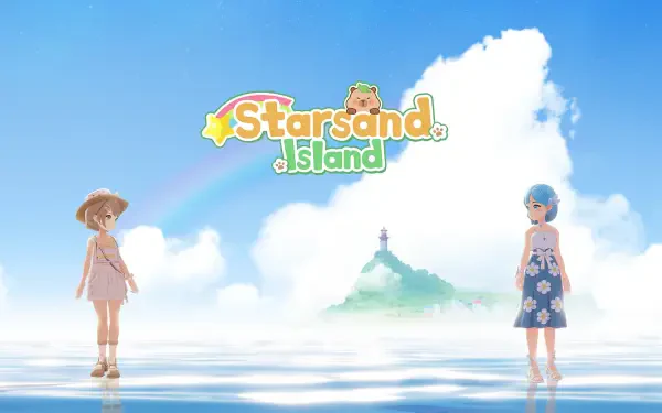 HD PC wallpaper for the video game Starsand Island: two characters stand in shallow reflective water under a rainbow, a misty island with lighthouse in the distance and the game logo.