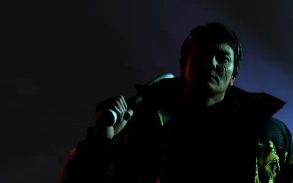 4K Ultra HD desktop wallpaper: shadowed yakuza from Like a Dragon Gaiden: The Man Who Erased His Name, high-contrast lighting and smoke as he rests a bat on his shoulder.