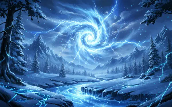 4K Ultra HD PC desktop wallpaper: snowy mountain valley with pine trees and a frozen river beneath a swirling blue lightning vortex in a stormy sky.