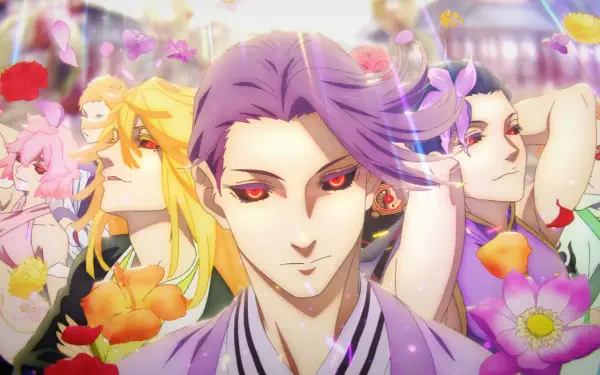 4K Ultra HD PC desktop wallpaper — Hell's Paradise anime: purple‑haired anime girl with red eyes centered among colorful companions, falling petals and vibrant flowers.