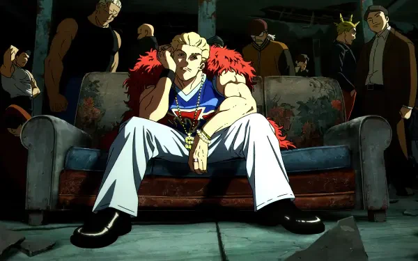 4K Ultra HD desktop wallpaper: Kinji Hakari from Jujutsu Kaisen 3rd Season, seated on a worn sofa in a dim room, red-feathered jacket, confident glare, shadowy figures behind him.