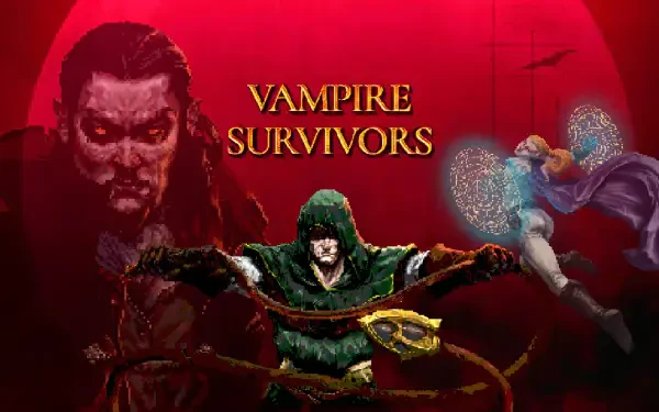 HD PC desktop wallpaper for the rogue-like Vampire Survivors: hooded hero wielding a whip, looming vampire face and spectral foes set against a blood-red moon background.