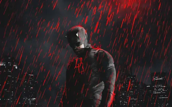 Daredevil from the TV show Daredevil: Born Again stands in red-lit rain against a dark city skyline — 2K Quad HD PC desktop wallpaper/background.