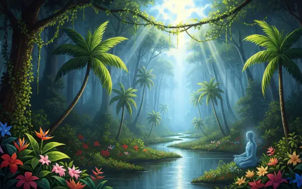 Tropics 4K Ultra HD PC desktop wallpaper and background: sunlit jungle river framed by palms, lush flowers and vines, rays of light and a serene stone meditating figure beside the water.