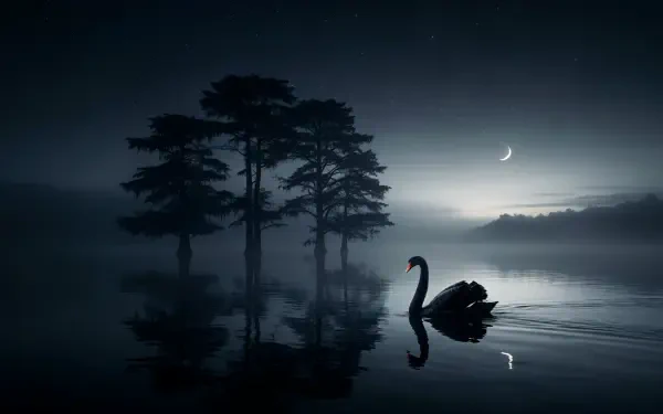 Dark nature 4K Ultra HD PC desktop wallpaper and background: a lone black swan glides across a misty moonlit lake, silhouetted trees and crescent moon reflected in the glassy water.