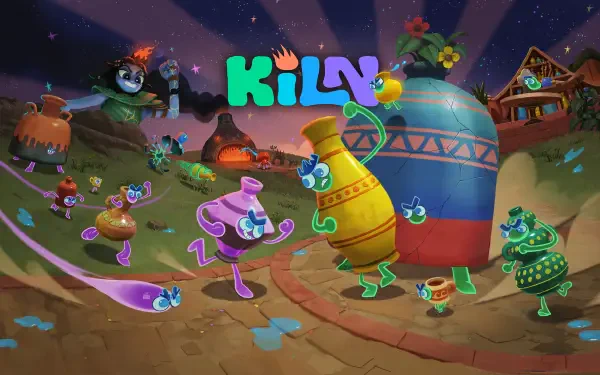 Kiln video game gaming art — vibrant 2K Quad HD PC desktop wallpaper and background showing whimsical pottery characters dancing in a colorful nighttime village.