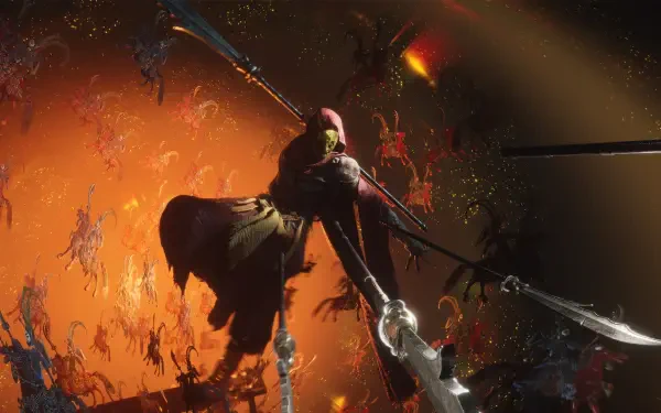 HD PC desktop wallpaper from the video game Where Winds Meet: a fantasy warrior mid-leap, spear extended against a swirling, fiery orange battlefield of falling foes.