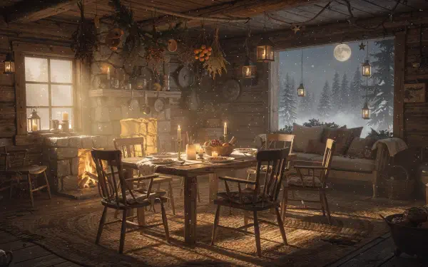 4K Ultra HD PC Desktop Wallpaper and Background: rustic holiday cabin interior with a candlelit table, roaring fireplace, cozy chairs, and a snowy moonlit pine forest visible through the window.