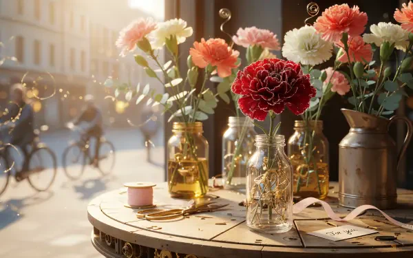Sunlit carnations in glass bottles on a round table with warm bokeh and a blurred street cyclist in the background — 4K Ultra HD PC Desktop Wallpaper and Background.