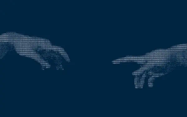HD desktop wallpaper: pixelated hands inspired by Michelangelo (TMNT) and The Creation of Adam reaching toward each other on a deep blue background.