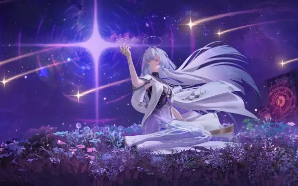 Purple cosmic scene from video game Wuthering Waves: Mornye kneels on a glowing flower field, reaching for a bright star. 2K Quad HD PC desktop wallpaper/background.