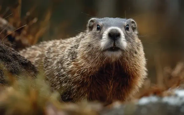 Close-up of a groundhog in a forest clearing, textured fur and alert expression — 2K Quad HD PC desktop wallpaper/background.