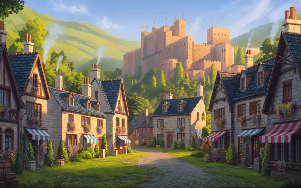 4K Ultra HD PC Desktop Wallpaper & Background: sunlit quaint town with cobbled lane, stone cottages with striped awnings, and a hilltop castle framed by green hills and a blue sky.