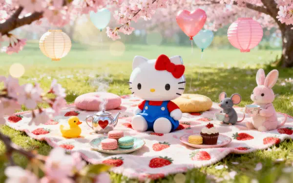 Hello Kitty picnic scene — a 4K Ultra HD PC desktop wallpaper and background: plush Hello Kitty and friends on a cherry blossom blanket with sweets, lanterns and heart balloons.