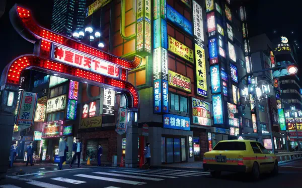 Neon-lit Japanese street at night with glowing signs and a taxi — HD PC desktop wallpaper/background from the video game Yakuza Kiwami 3 & Dark Ties.