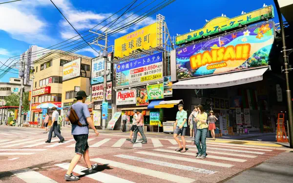 HD PC desktop wallpaper from the video game Yakuza Kiwami 3 & Dark Ties showing pedestrians crossing a sunlit, neon-adorned Tokyo street with colorful storefronts.