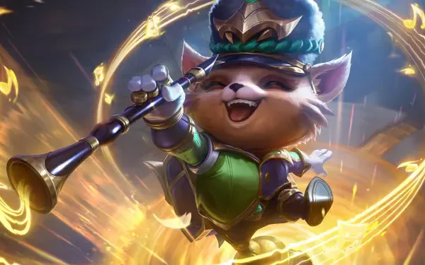 4K Ultra HD PC desktop wallpaper background: Teemo (League of Legends: Wild Rift) — cheerful MOBA yordle in green blowing a horn amid swirling golden music notes.